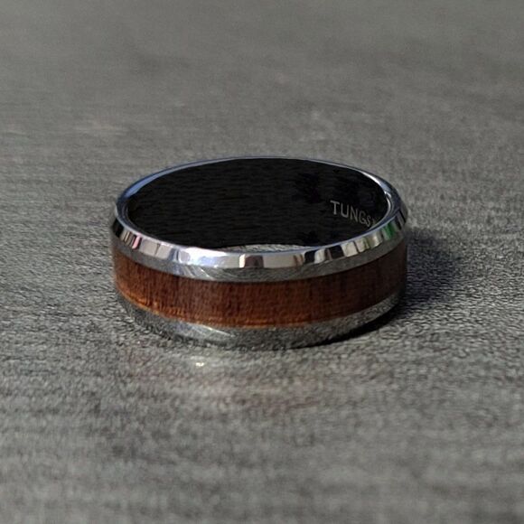Men's Real Silver Tungsten Wedding Ring Whiskey Barrel Wood Inlay - Picture 6 of 10